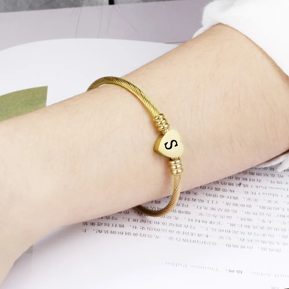 Girls Gold Color Stainless Steel Heart Bracelet Bangle With Letter Initial Alphabet Charms Bracelets for Women
