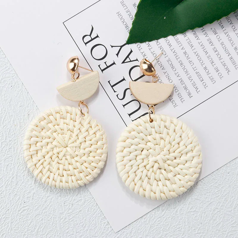 AENSOA Multiple 27 Style Korea Handmade Wooden Straw Weave Rattan Vine Braid Drop Earrings New Geometric Long Earrings