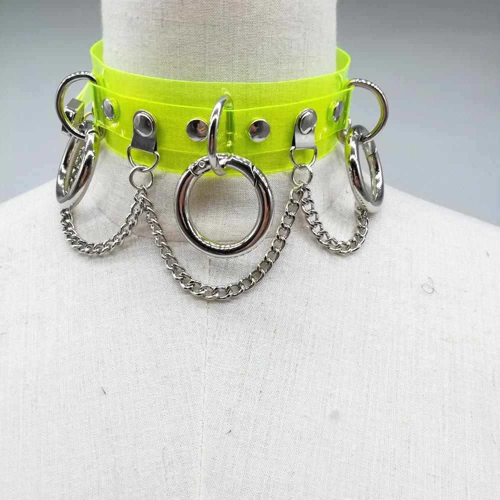 Women Fashion Punk Choker Necklace Handmade Neon Green Neon Pink Three O Chain Necklace Harajuku Collar Belt