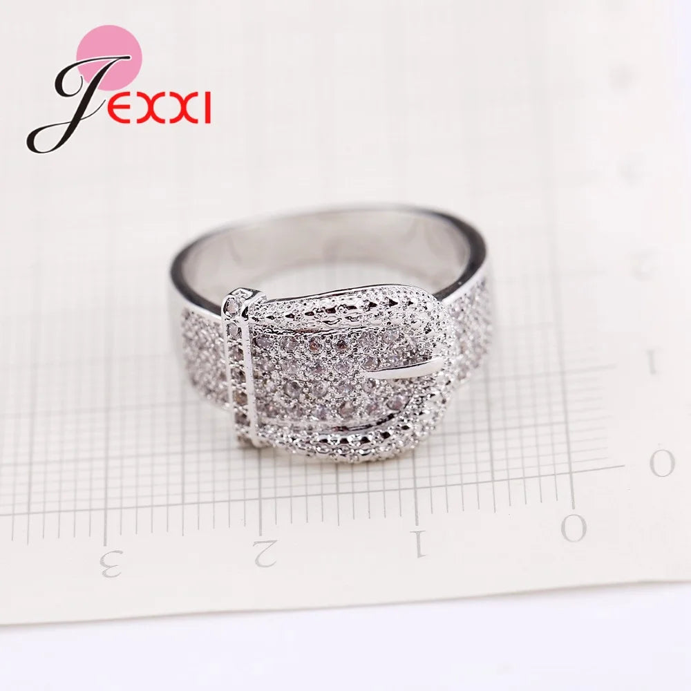 Trendy 925 Sterling Silver Women's Crystal Rings With Stones Belt Buckle Design Jewelry