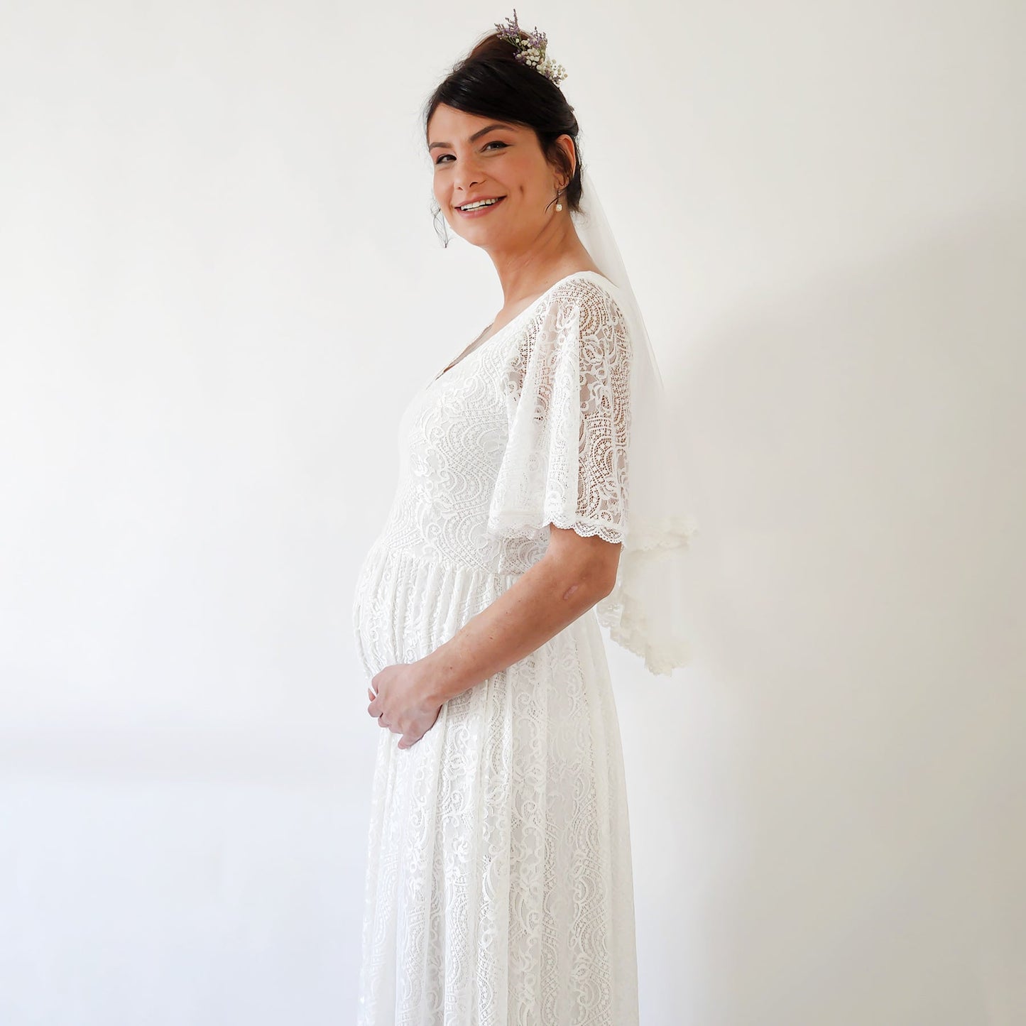Maternity Butterfly Sleeves Bohemian Lace Ivory Wedding Dress #7017