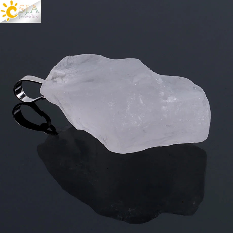 CSJA Natural Stones Gems Clear Crystal Pendants Necklaces Reiki Healing Irregular White Yellow Purple Pink Quartz Pendulum F070