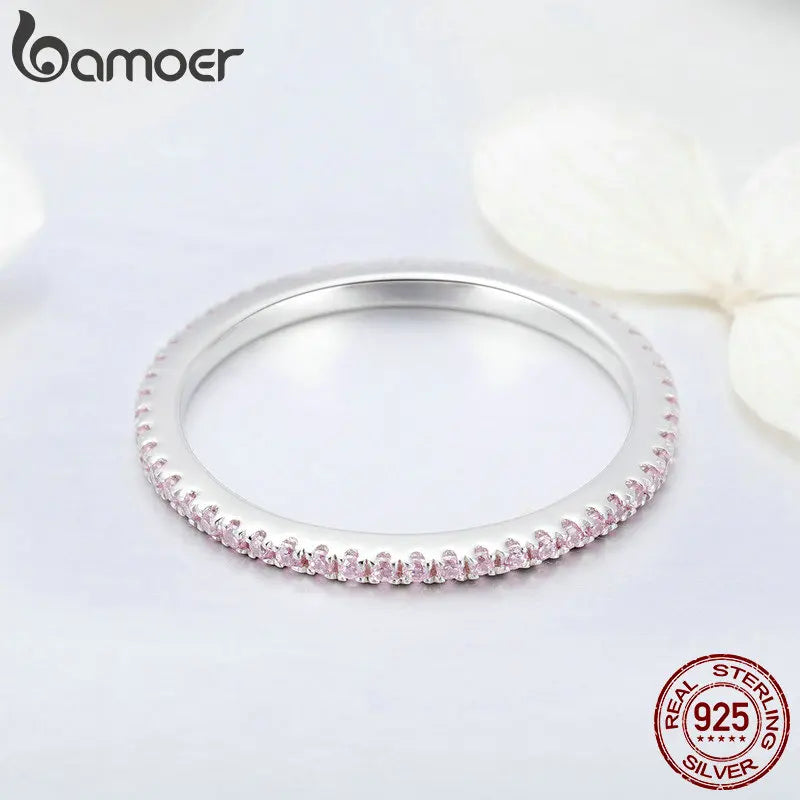 BAMOER Classic 925 Sterling Silver High Quality Circle Clear CZ Geometric Stackable Rings for Women Wedding Jewelry