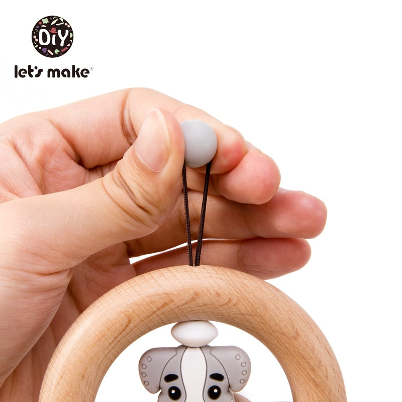 Baby Toys 1pc Silicone Beads Cartoon Rattle Teething Ring of Beech Wood 0-12 Moths Children Christmas Stroller Let's Make