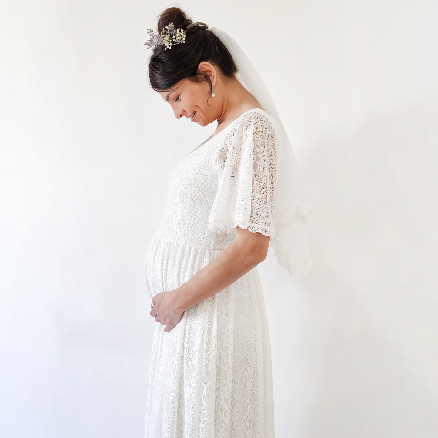 Maternity Butterfly Sleeves Bohemian Lace Ivory Wedding Dress #7017