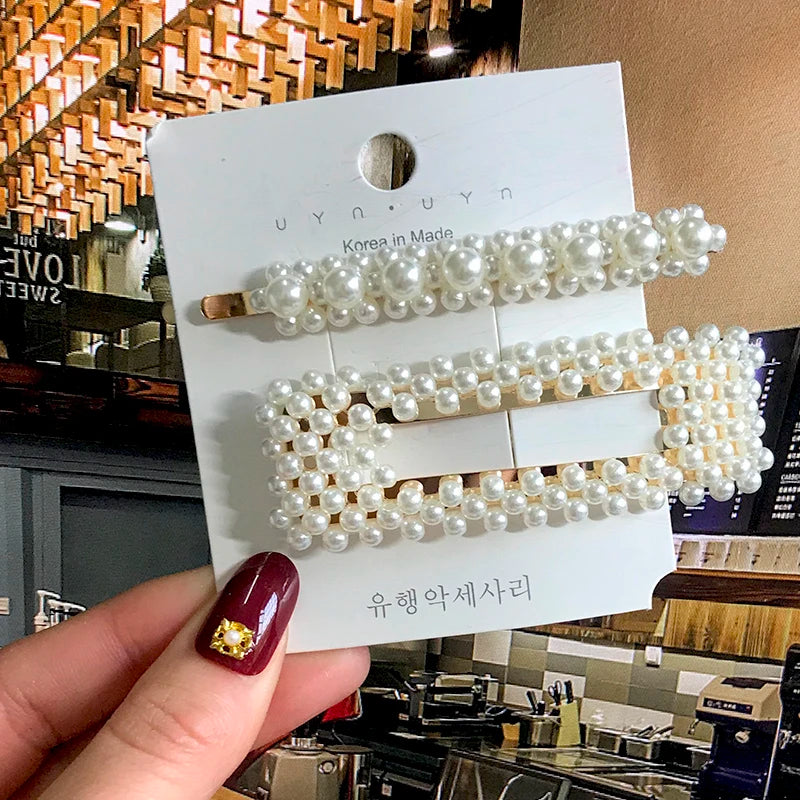 Korean Simulated Pearl Barrettes Beaded Geometric Women Hair Clip Hairgrips Hair Accessories Girls Jewelry Hair Pins