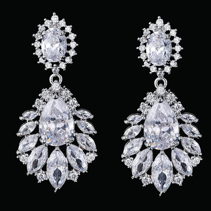 LXOEN Marquise Cut Flower Zirconia Crystal Long Drop Earrings for Women Shiny Leaf CZ Stone Bridal Wedding Jewelry