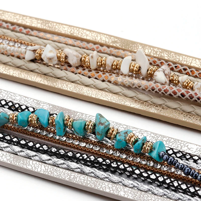 ALLYES Natural Stone Leather Bracelets for Women Luxury Brand Femme Boho Style Wide Multilayer Wrap Bracelet Female Jewelry