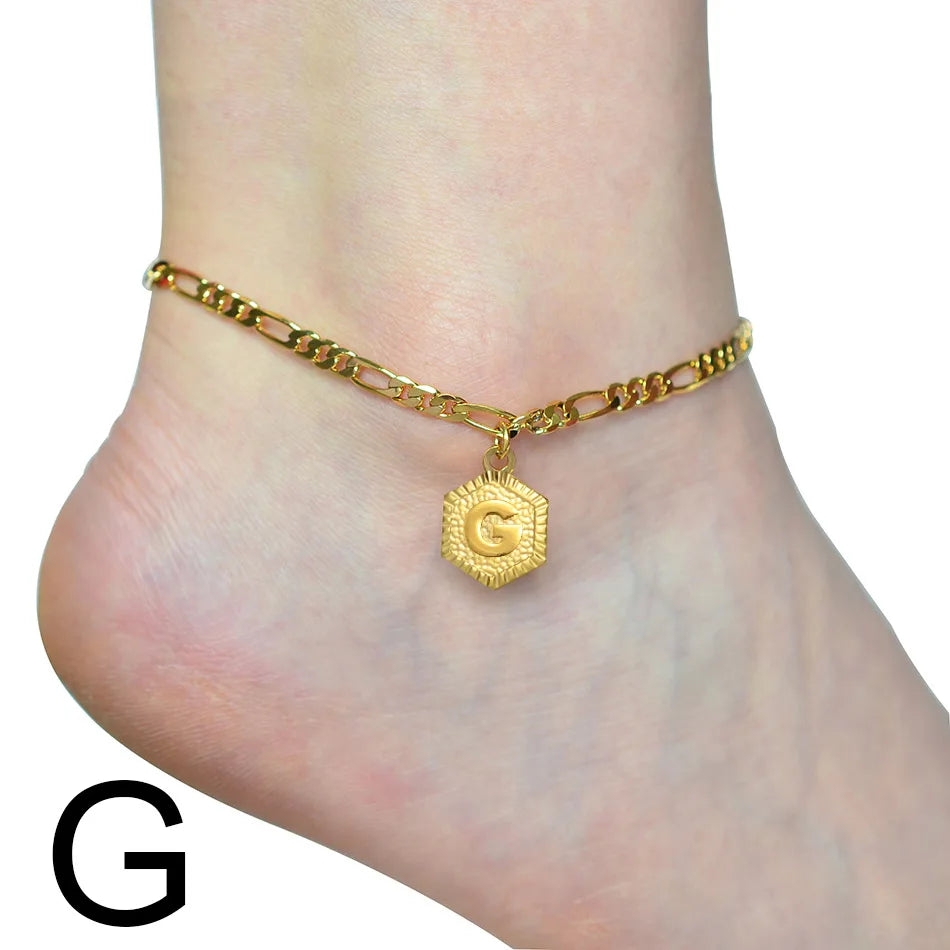 Anniyo 21cm + 10cm Extender Chain / A-Z Initial Letter Anklet for Women Alphabet Jewelry Foot Chain Girl #105906