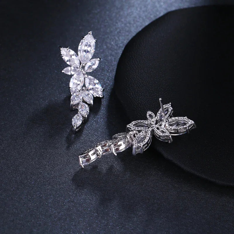 LXOEN Marquise Cut Flower Zirconia Crystal Long Drop Earrings for Women Shiny Leaf CZ Stone Bridal Wedding Jewelry