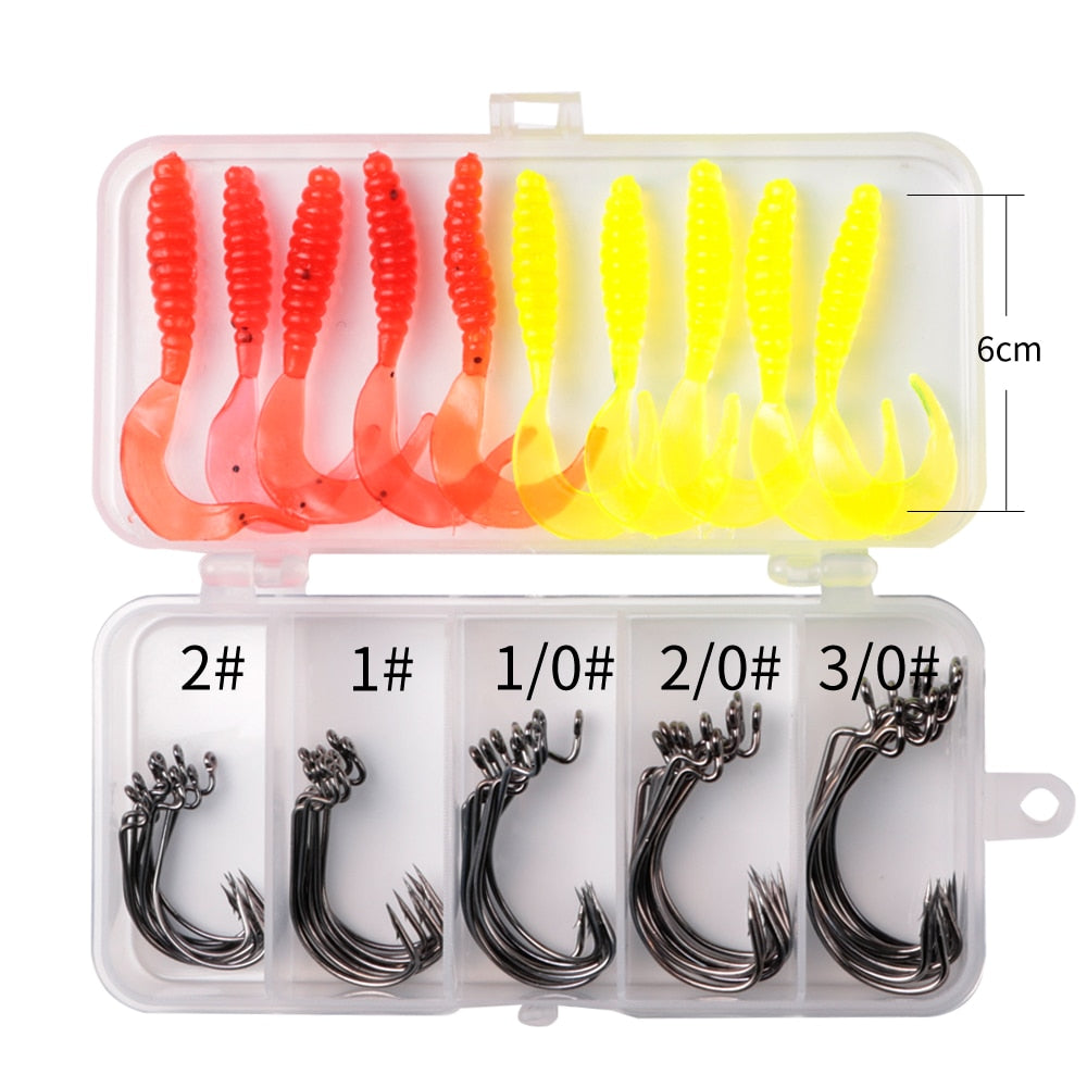 60pcs/Lot Sea Fishing Hook With Soft Lures 2#1#1/0#2/0#3/0# Carp Snap Fishing Big Hooks Tackles Accessories Fish Hook With Box