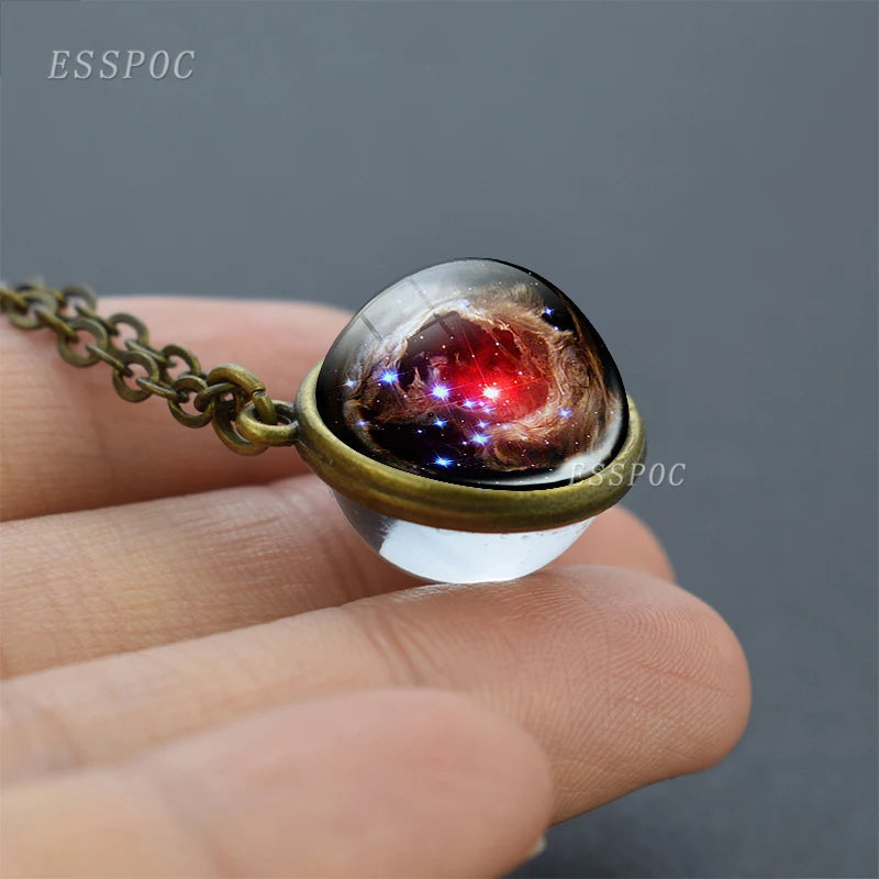 Full Moon Sphere Crystal Ball Glass Necklace Handmade Double Side Glass Ball Pendant Solar System Outer Space Astronomy Jewelry