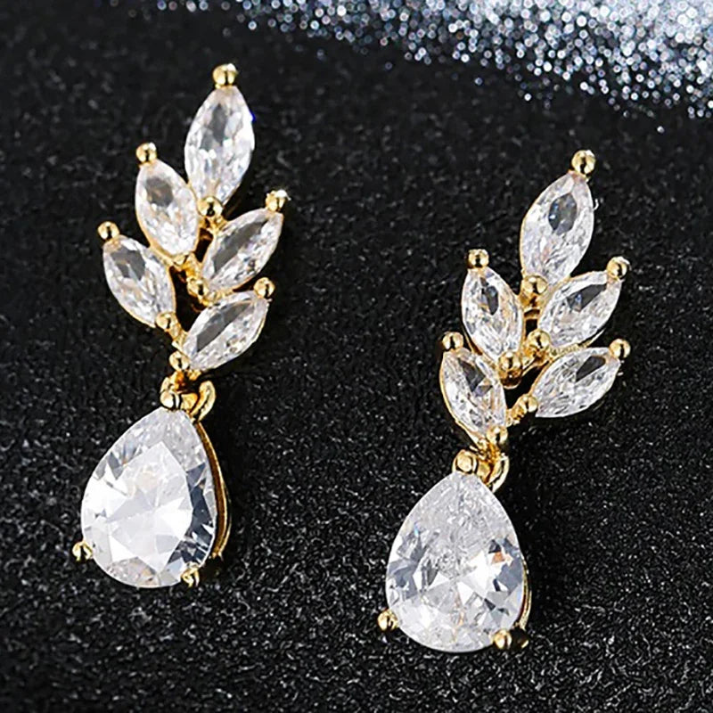 LXOEN Marquise Cut Flower Zirconia Crystal Long Drop Earrings for Women Shiny Leaf CZ Stone Bridal Wedding Jewelry