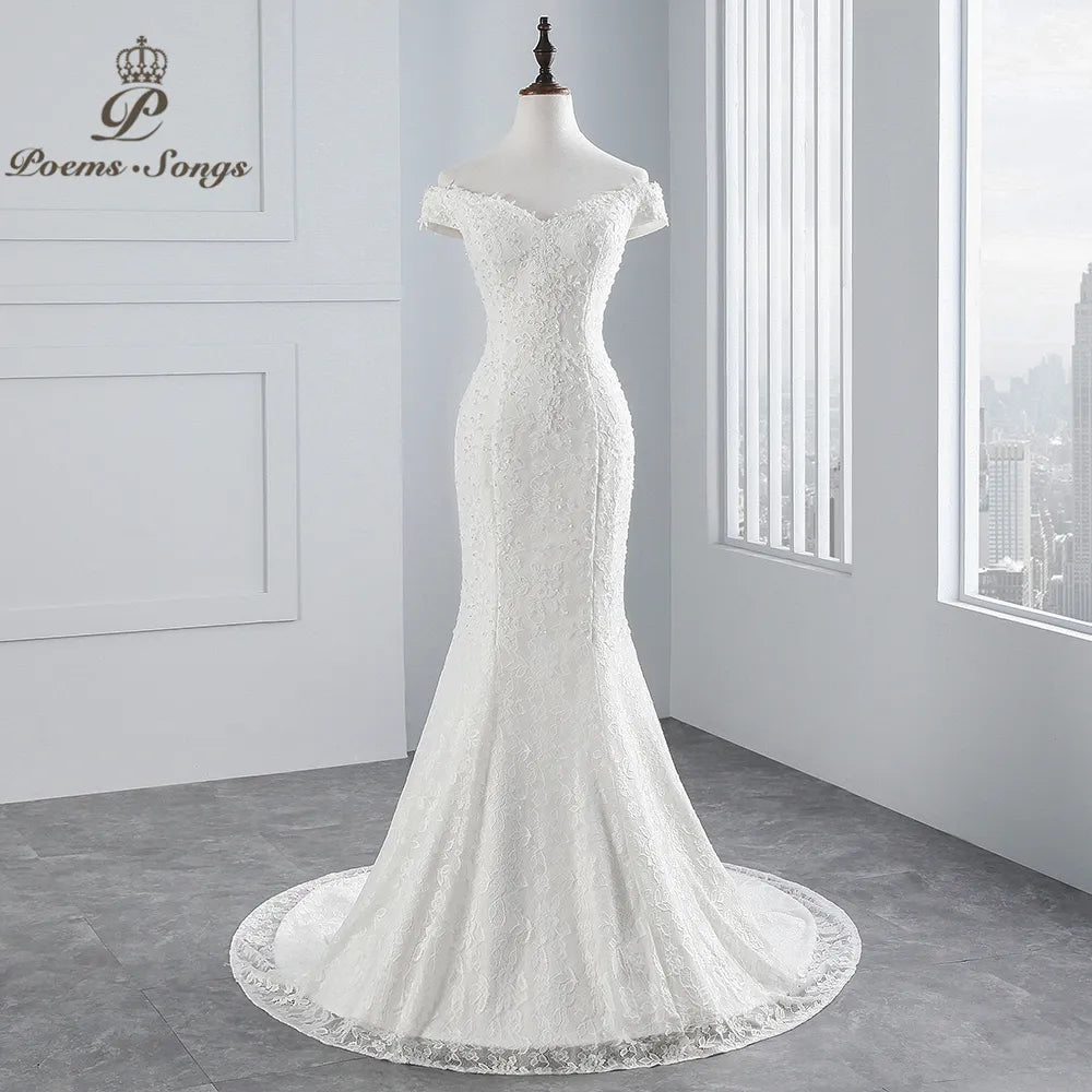PoemsSongs Real Photo Boat Neck Beautiful Lace Wedding Dress for Wedding Vestido De Noiva Mermaid Wedding Dress