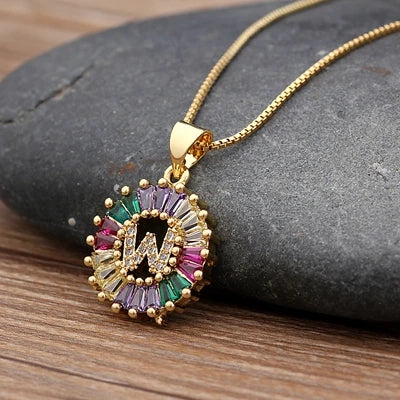 Gold Color Initial Multicolor CZ Necklace Charm Letter Necklace Name Jewelry for Women Accessories Girlfriend