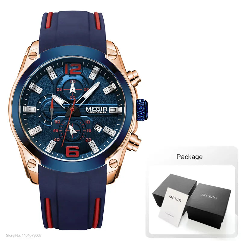 Megir Men's Chronograph Analog Quartz Watch With Date, Luminous Hands, Waterproof Silicone Rubber Strap Wristswatch for Man