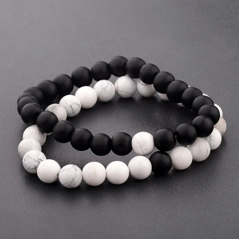 Couples Distance Bracelet Natural Wood Stone White and Black Yin Yang Beaded Bracelets for Men Women Best Friend Valentine's Day