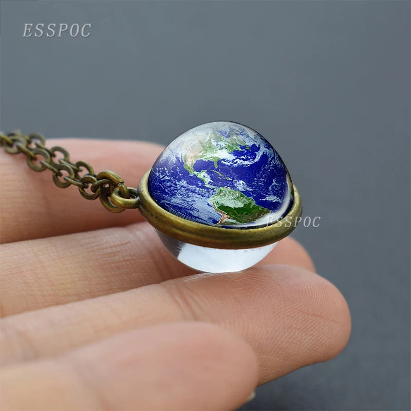 Full Moon Sphere Crystal Ball Glass Necklace Handmade Double Side Glass Ball Pendant Solar System Outer Space Astronomy Jewelry