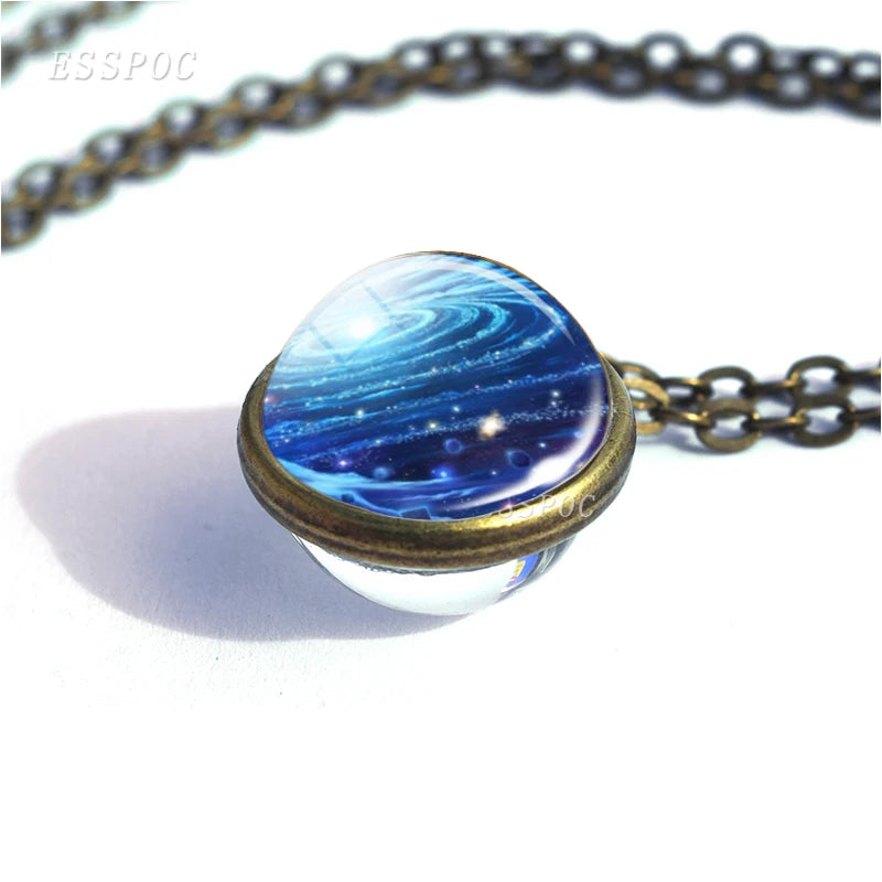 Full Moon Sphere Crystal Ball Glass Necklace Handmade Double Side Glass Ball Pendant Solar System Outer Space Astronomy Jewelry