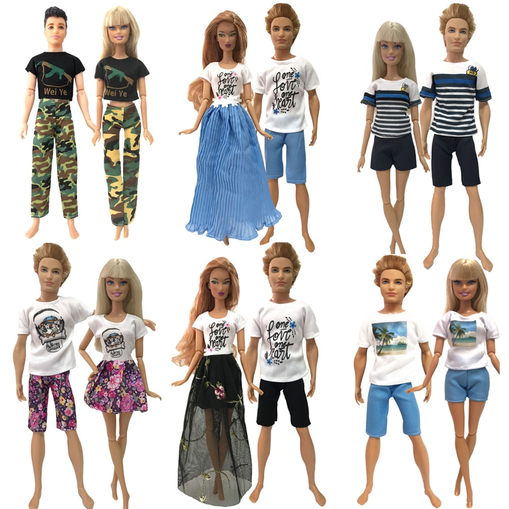 NK Mix 2 Pcs /Set Daily Wear Casual Couple Doll Dress for Barbie Doll Accessories Boy Girl Clothes Toy for Ken Doll 2GK JJ