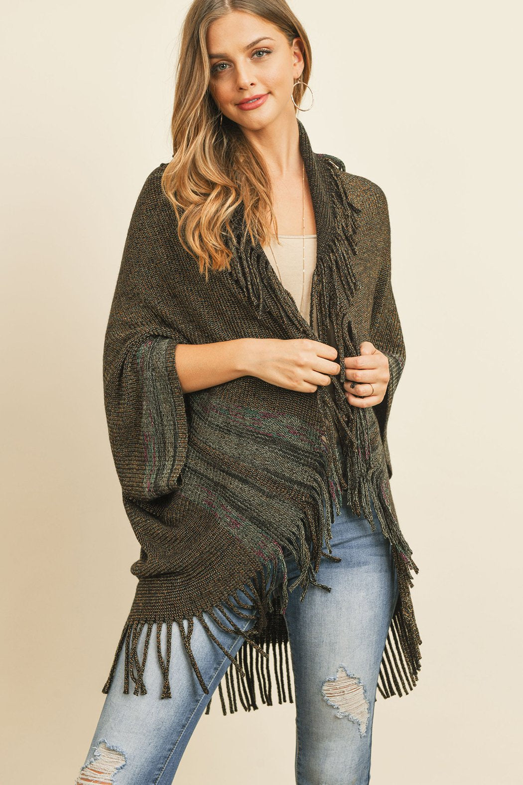 Hdf3072bk - Black Fringe Stripe Open Front Kimono