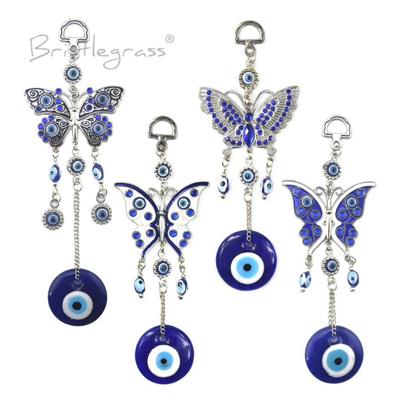 BRISTLEGRASS Turkish Blue Evil Eye Rhinestone Butterfly Wall Hanging Pendants Amulets Lucky Charm Blessing Protection Decor