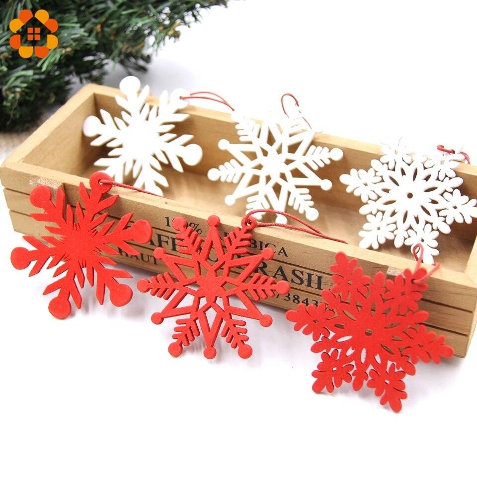 6PCS DIY White&Red Snowflakes Christmas Wooden Pendants Ornaments for Xmas Tree