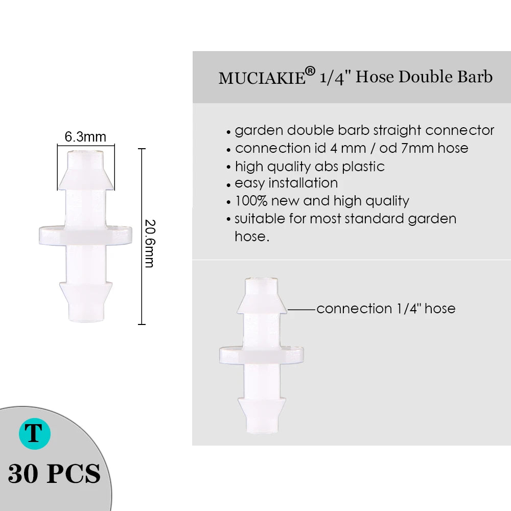 MUCIAKIE Sprinkler Irrigation 1/4 Inch Barb Tee Single Double Barb Barbed Water Pipe Connectors for 4/7mm Hose Garden Fitting