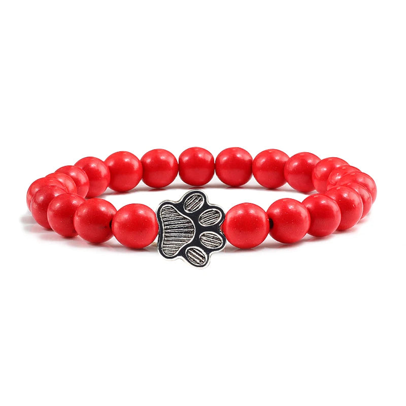 Natural Matte Black Lava Volcanic Stone Paw Print Charm Bracelet Homme Femme Pet Memorial Cat Dog Lovers Jewelry Bracelets