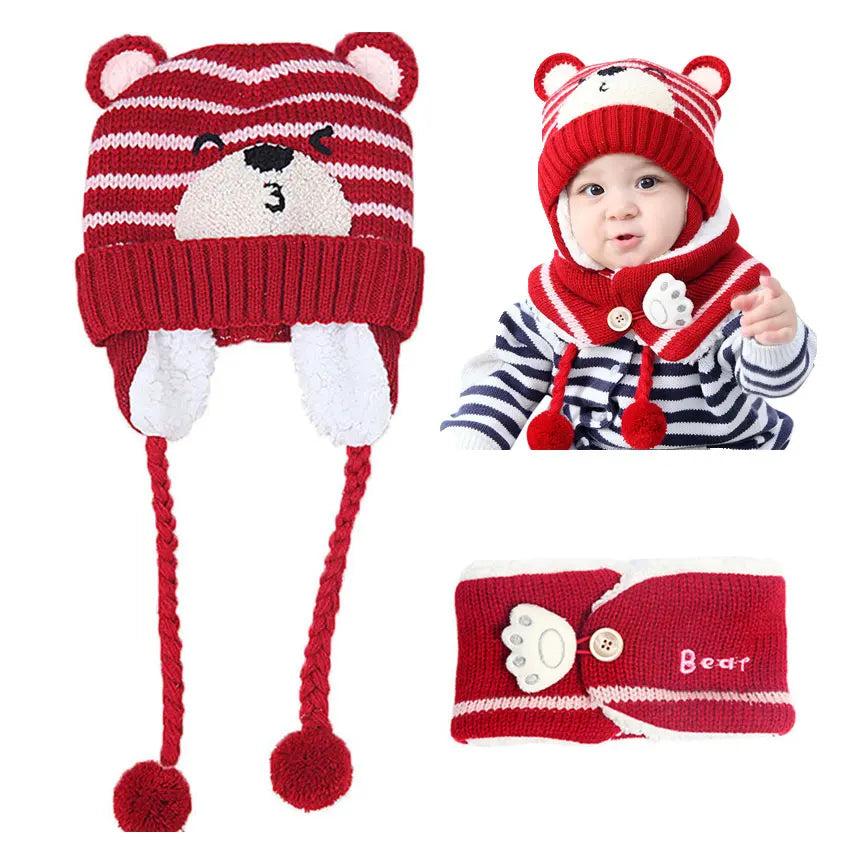 Unisex Kids Cartoon Bear Stripe Hats and Scarf Baby Cap Set Girl Boy Cap Scarf Set Child Winter Earmuffs Hat Scarf Warm Suit