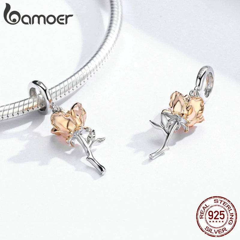 Bamoer 3D Rose Flower Pendant Charm 925 Sterling Silver Rose Gold Color Charms for Bracelet or Necklace DIY Sunflower Charms