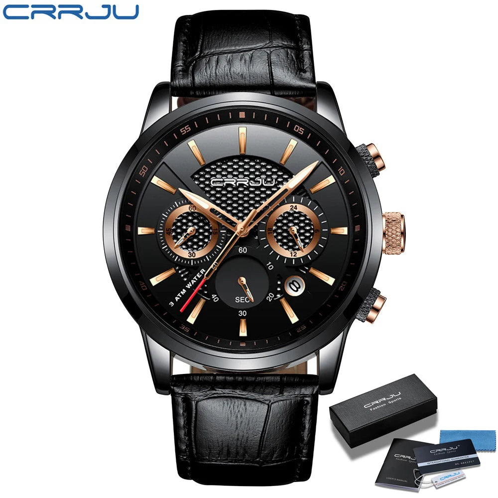 Watches Mens 2021 CRRJU Casual Leather Quartz Men's Watch Top Brand Luxury Business Clock Male Sport Waterproof Date Chronograph