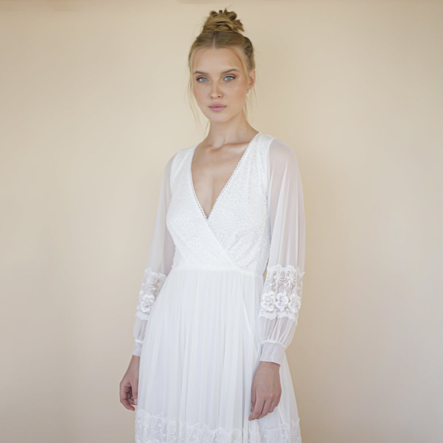 Bestseller Ivory Wrap Lace Wedding Dress With Chiffon Mesh Sleeves #1352
