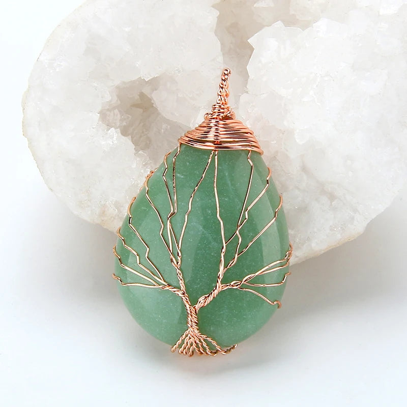 Natural Purple Quartz Opal Stone Pendants Handmade Rose Gold Color Tree of Life Wrapped Drop Shaped Crystal Pendant Necklace