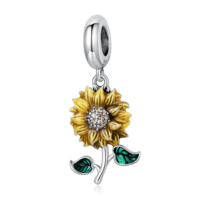 Bamoer 3D Rose Flower Pendant Charm 925 Sterling Silver Rose Gold Color Charms for Bracelet or Necklace DIY Sunflower Charms