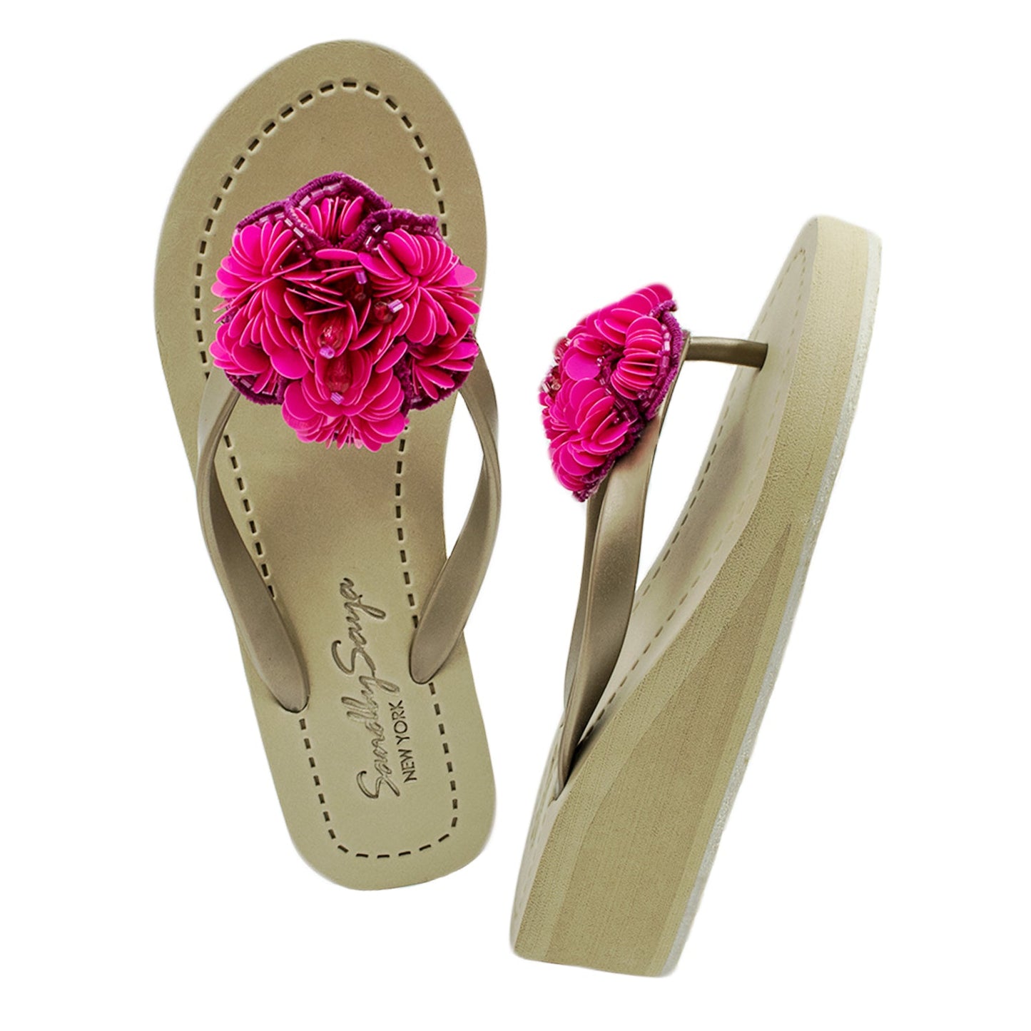 Noho Pink Flower - Embroidered Mid Wedge Flip Flops