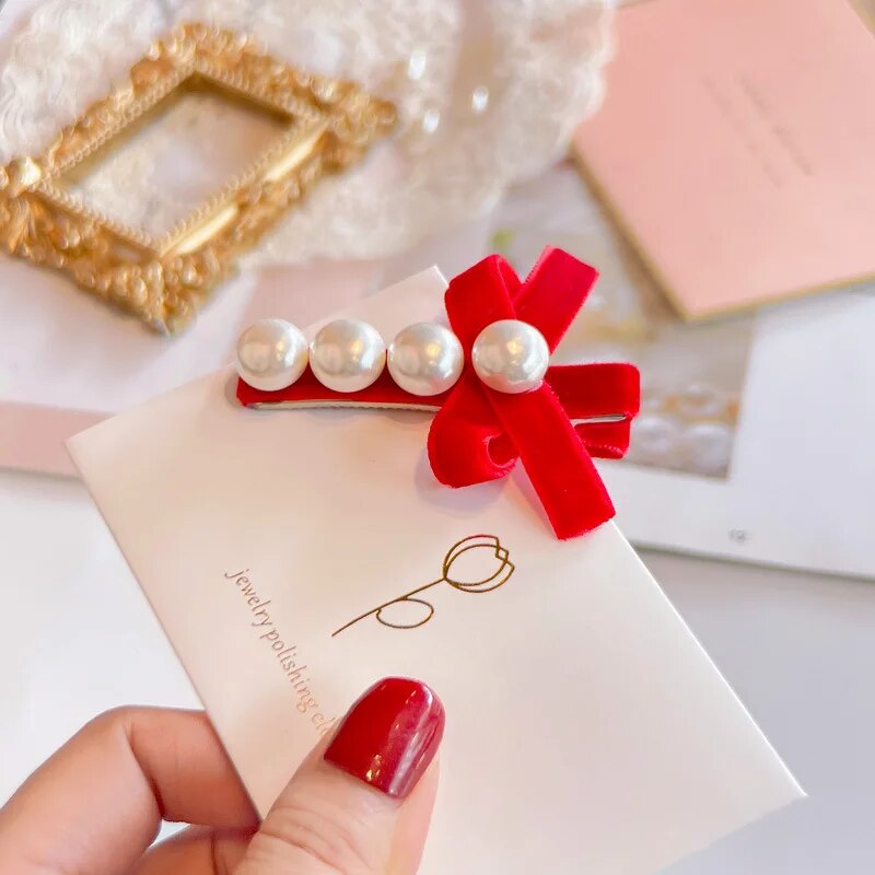 Red Golden Velvet Bow Hair Ornament Baby Hair Circles Pins Christmas New Year Ko