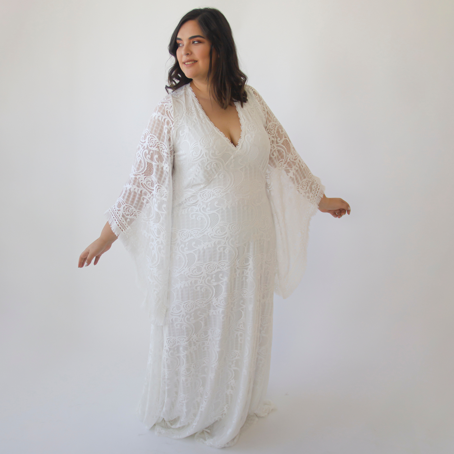 Curvy Lace Ivory Bridal Kaftan With Fringe ,Bat Sleeves Lace Wedding Dress #1328