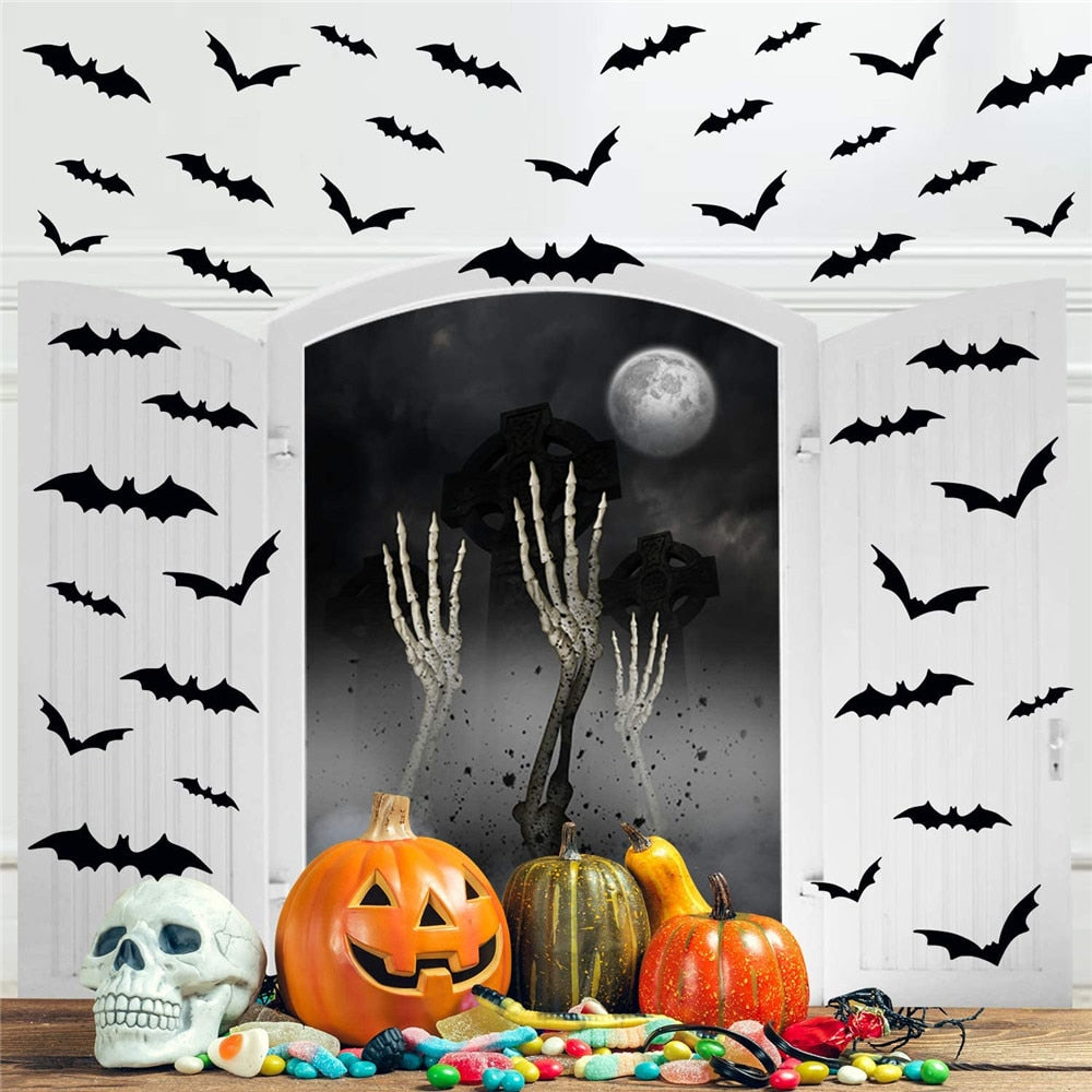 24/48pcs Halloween Decoration 3D Black PVC Bat Halloween Party DIY Decor Bar Room Halloween Party Scary Decos Props Wall Sticker