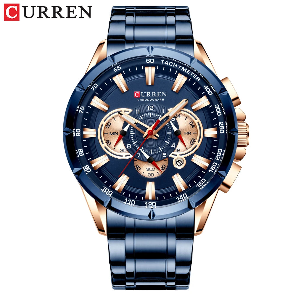 CURREN Luxury Casual Mens Watches Quartz Sports Chronograph Wristwatch Male Stainless Steel Luminous Hands Clock