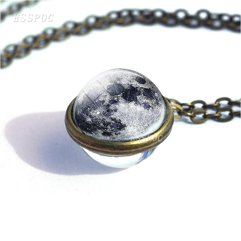 Full Moon Sphere Crystal Ball Glass Necklace Handmade Double Side Glass Ball Pendant Solar System Outer Space Astronomy Jewelry