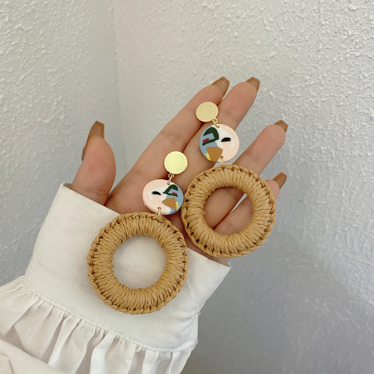 AENSOA Multiple 27 Style Korea Handmade Wooden Straw Weave Rattan Vine Braid Drop Earrings New Geometric Long Earrings