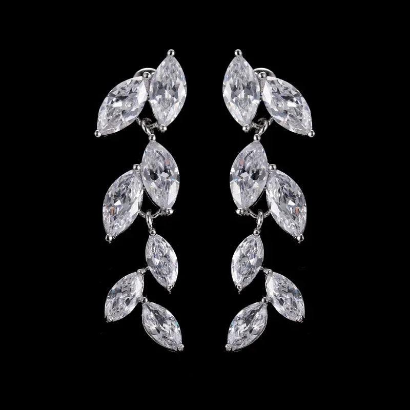 LXOEN Marquise Cut Flower Zirconia Crystal Long Drop Earrings for Women Shiny Leaf CZ Stone Bridal Wedding Jewelry