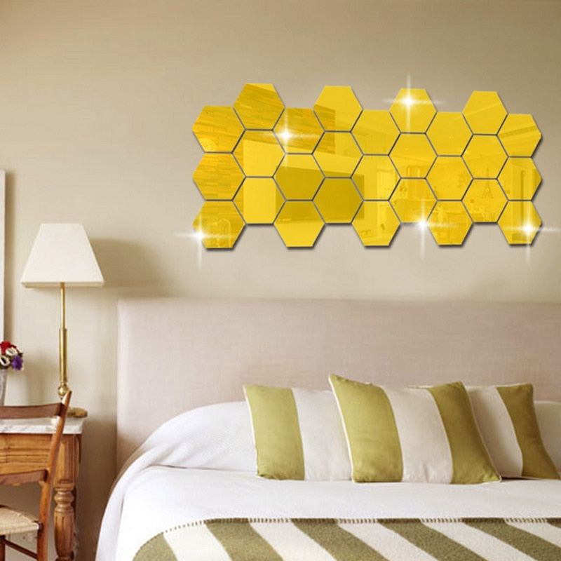 12Pcs 3D Hexagon Acrylic Mirror Wall Stickers DIY Art Home Decor Living Room Decorative Tile Stickers Room Accessori