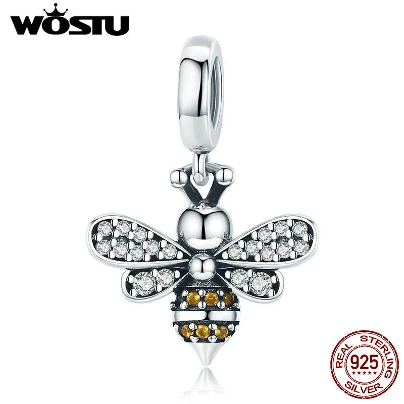 WOSTU 925 Sterling Silver Bee Dreamcatcher Wings Bead Charm Pendant Fit Original Bracelet Bangle Women DIY Fine Jewelry