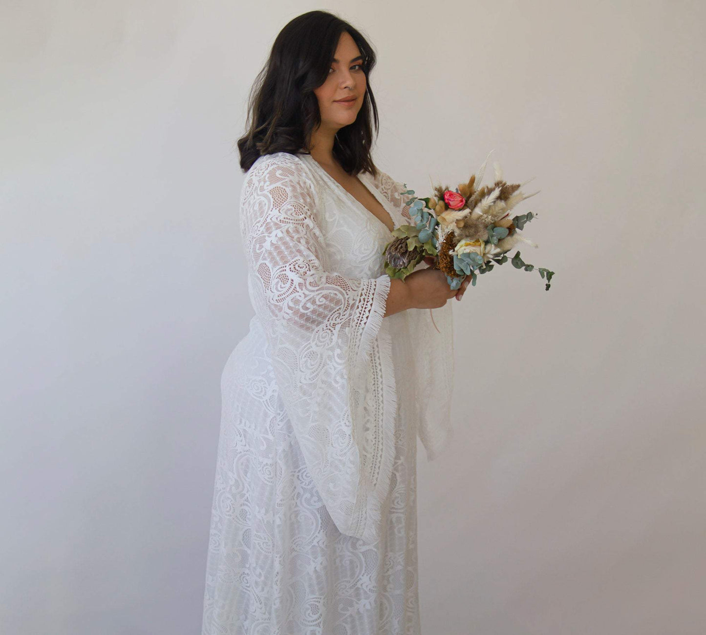 Curvy Lace Ivory Bridal Kaftan With Fringe ,Bat Sleeves Lace Wedding Dress #1328