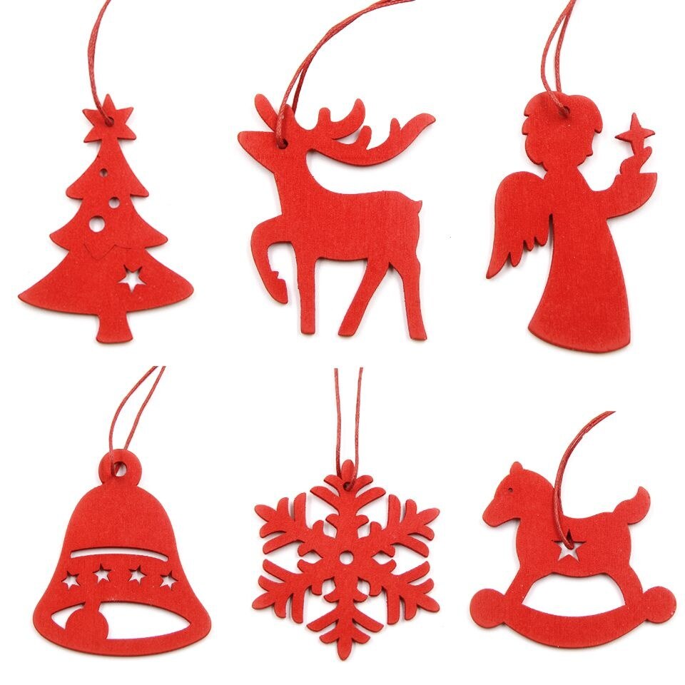 6PCS DIY White&Red Snowflakes Christmas Wooden Pendants Ornaments for Xmas Tree