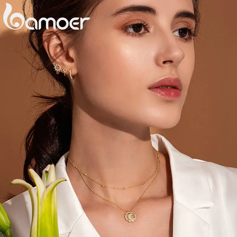 BAMOER 925 Sterling Silver Round Circle Hoop Earrings for Women Gold Color Earrings Sterling Silver Jewelry