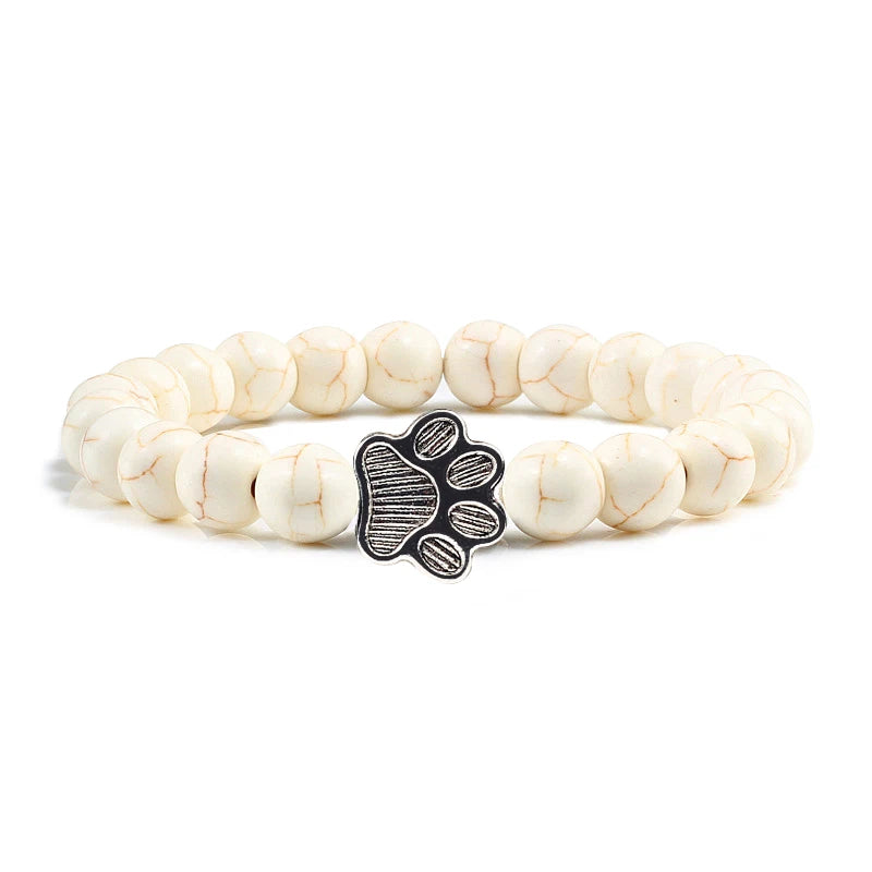Natural Matte Black Lava Volcanic Stone Paw Print Charm Bracelet Homme Femme Pet Memorial Cat Dog Lovers Jewelry Bracelets