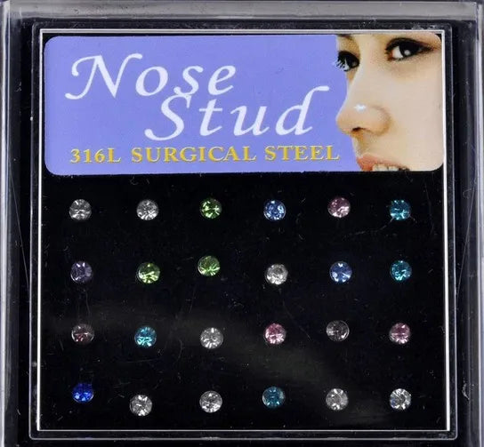 24pcs Crystal Nose Ring & Studs Body Women Girl Jewelry Stainless Surgical Steel Nose Piercing Colorful Rhinestone